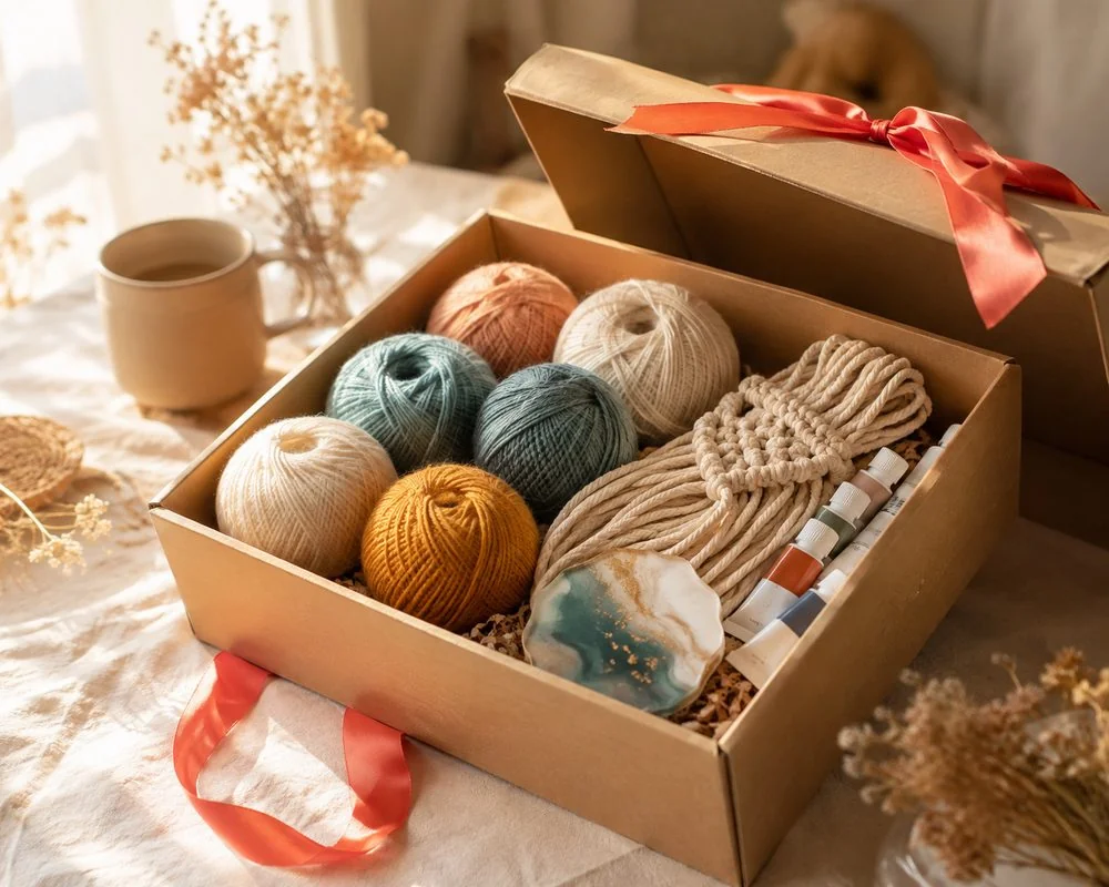 Coffret cadeau BottleCup avec laines, peinture et sous-verre en résine