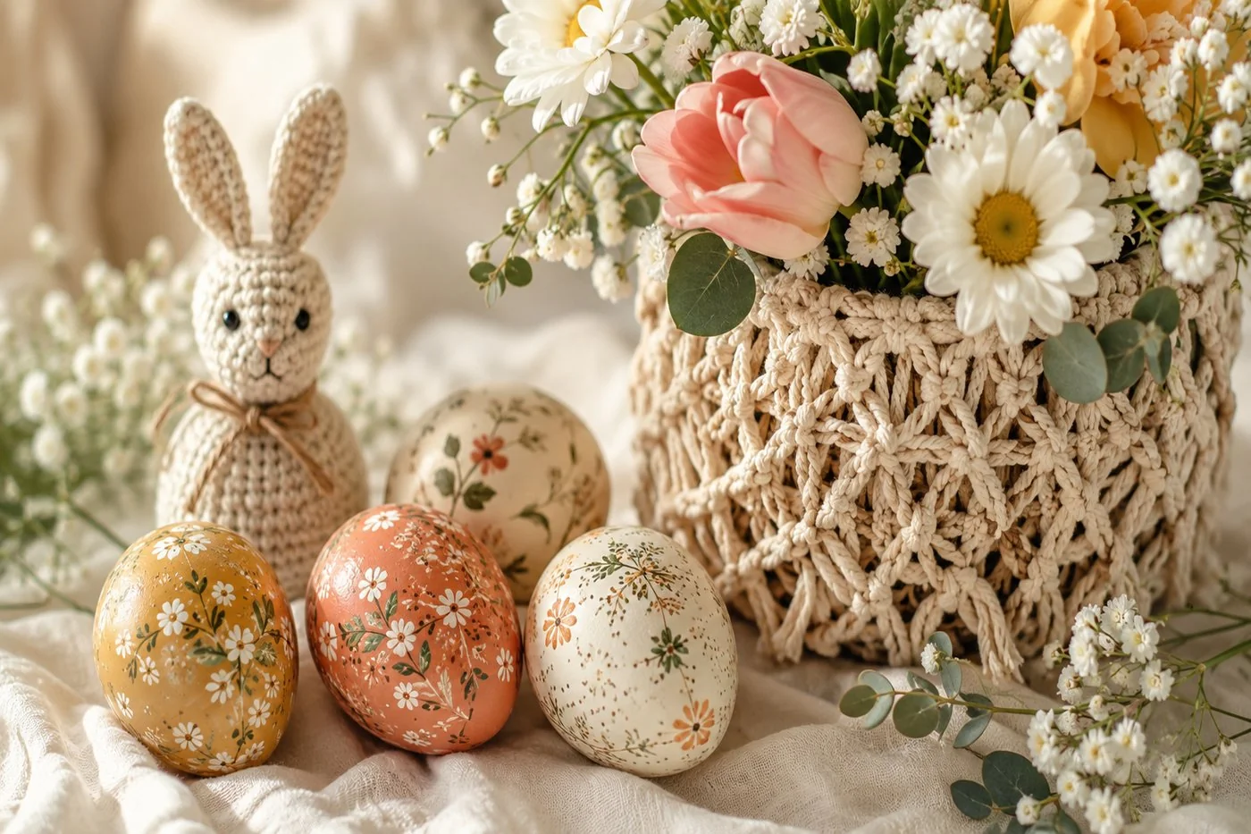 Pâques créative : œufs peints, lapin au crochet et panier en macramé